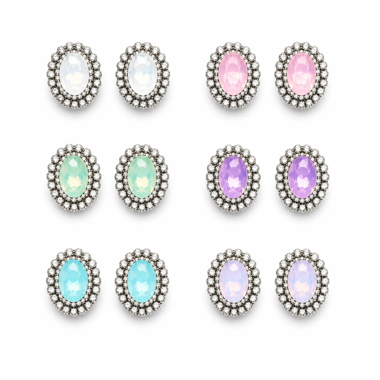 Brincos de cristal oval pastel 85176-01-2 — seis cores em fundo branco