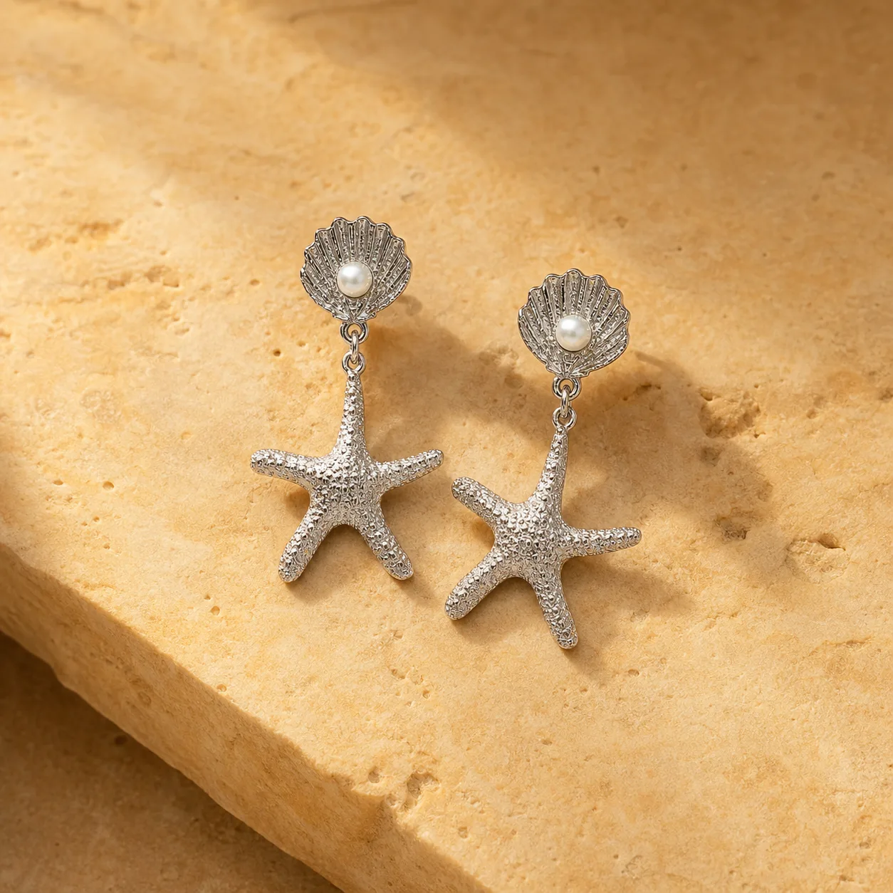 Brincos prateados de concha e estrela-do-mar 5290-S018-1B sobre pedra de tom quente, conchas com p?rolas e estrelas-do-mar