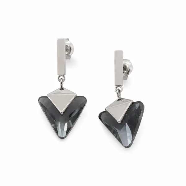 Brincos Prateados Triangulares com Cristais Escuros 5429-S009-2B em fundo branco