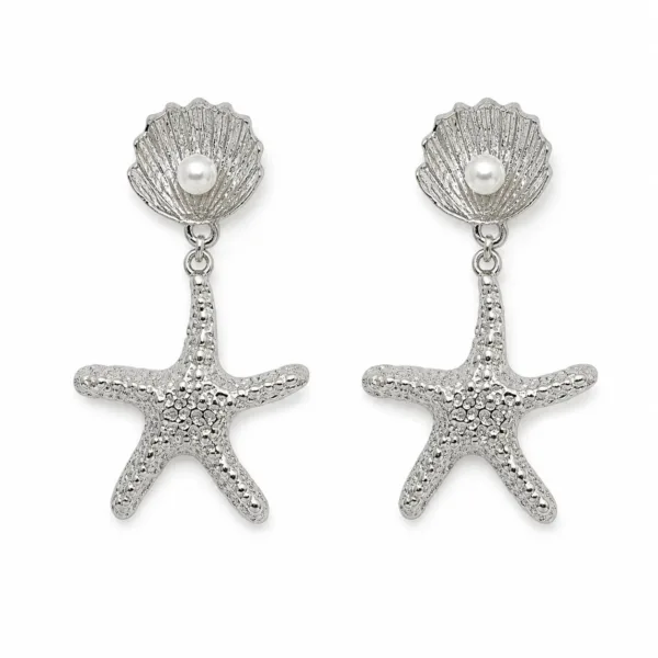 white-7.webp Brincos prateados de concha e estrela-do-mar 5290-S018-1B em fundo branco, conchas com p?rolas e estrelas-do-mar